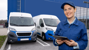 fleet manager in front of vehicles