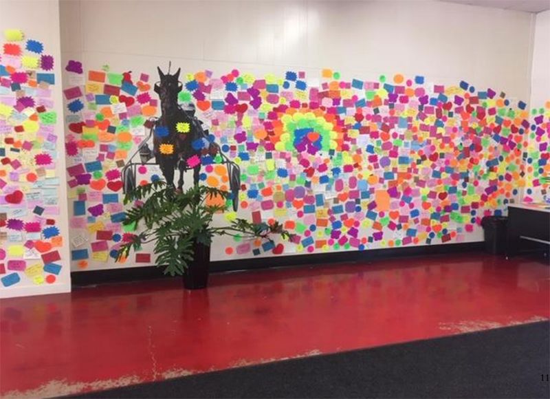 The Gratitude Wall at Scarborough Downs as described by WEXer Charity Hirst: “There is a wall of post-it notes that grows daily, thank you notes left by grateful recipients of their COVID vaccine. Reading these hundreds of messages of gratitude and hope moves me to tears every time.”