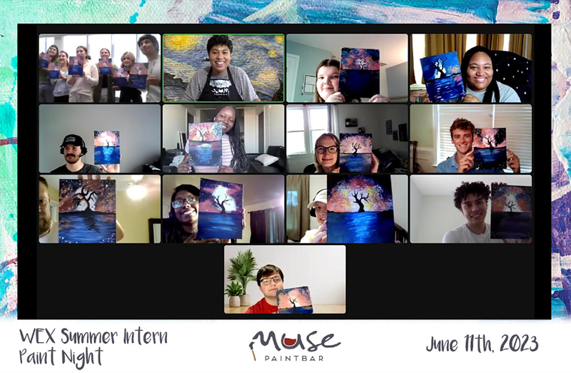 A cohort of interns show off their paintings with Muse Paintbar.