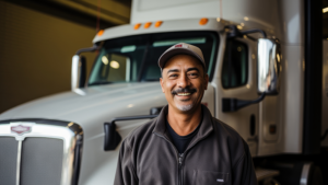 trucker in front of his vehicle