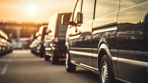 Side view of a line of black vans