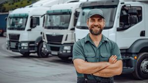 worker in front of fleet of commercial vehicles