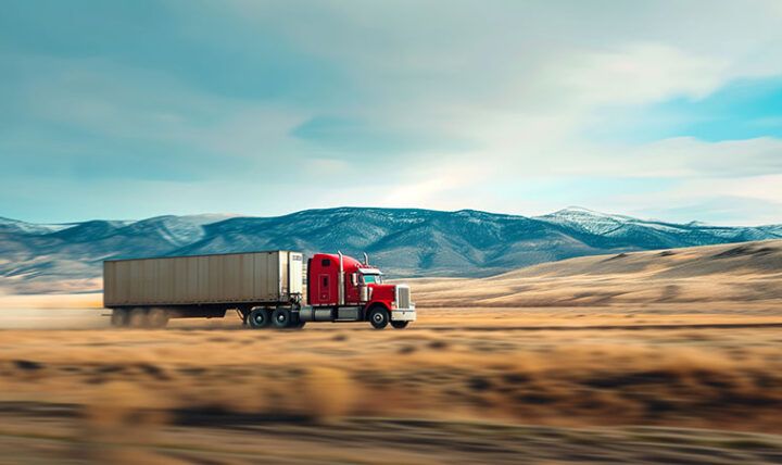 long haul truck crossing an empty field