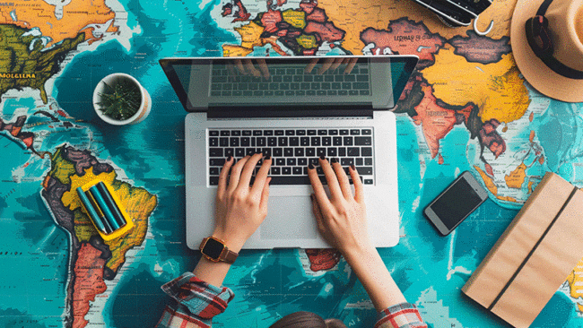 Overhead view of hands typing on a laptop with hands typing and a map underneath