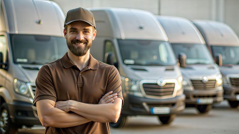 commercial vehicle driver in front of vans