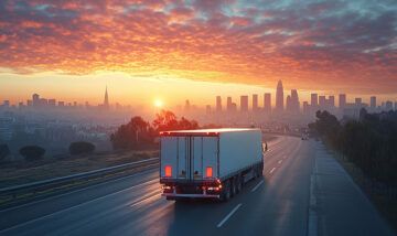 truck heading into a city at sunset