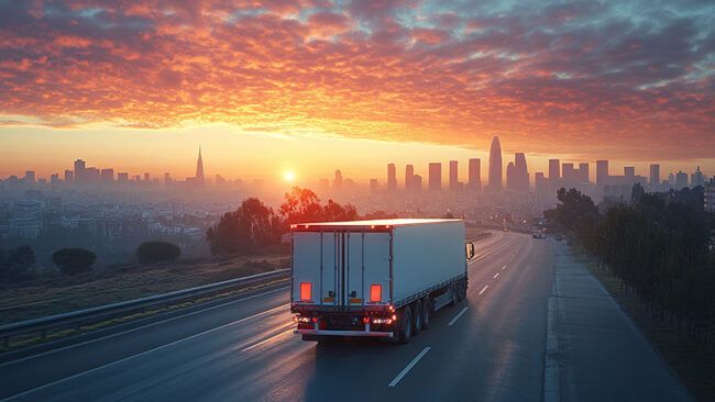 truck heading into a city at sunset